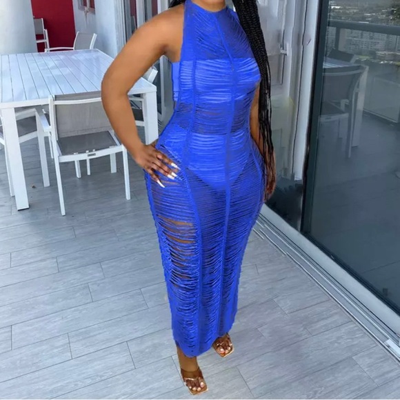 COPY - BLUE BACKLESS HALTER LONG COVERUP - Picture 1 of 3